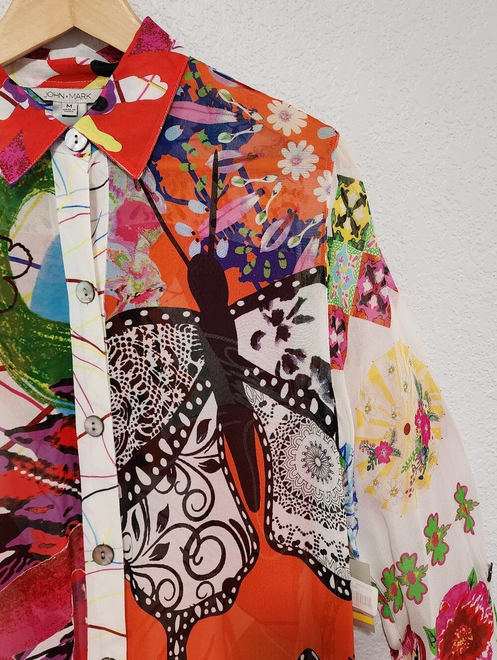 John Mark Vibrant Butterfly Floral Print Sheer Tunic Shirt Button Down Medium - Picture 5 of 13